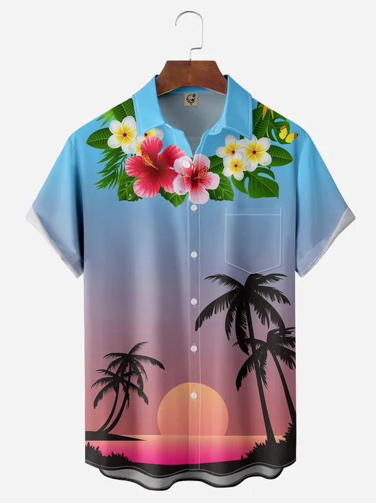 Hawaiian Wreath Palms&Sunset Chest Pocket Short Sleeve Hawaiian Shirt