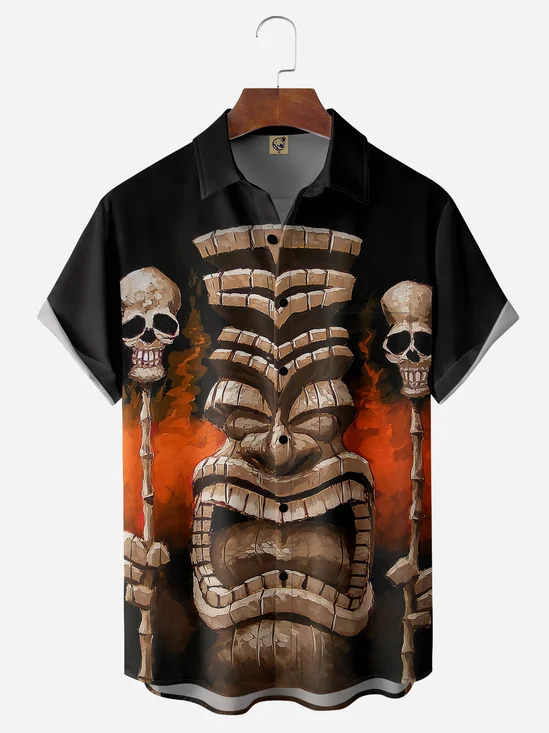 TIKI Skull Chest Pocket Short Sleeve Hawaiian Shirt