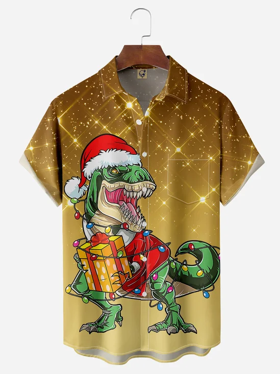 Christmas Dinosaur Chest Pocket Short Sleeve Shirt