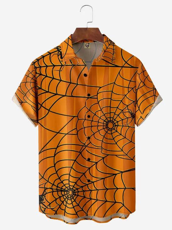 Halloween Spider Web Chest Pocket Short Sleeve Casual Shirt