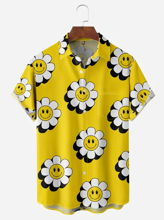 Smiling Flower Chest Pocket Short Sleeve Hawaiian Shirt
