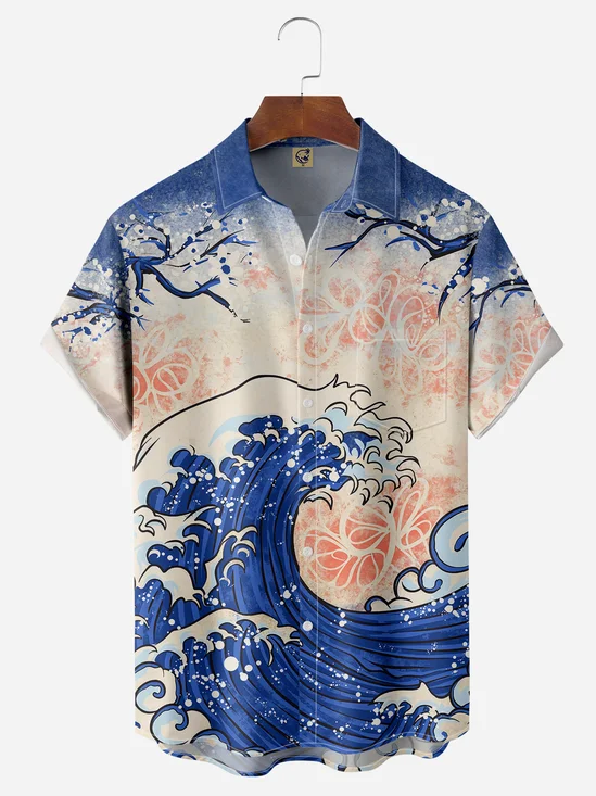 Ukiyoe Sea Wave Chest Pocket Short Sleeve Hawaiian Shirt
