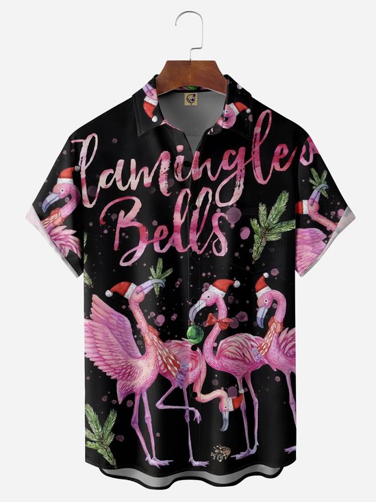 Christmas Flamingo Chest Pocket Short Sleeve Casual Shirt