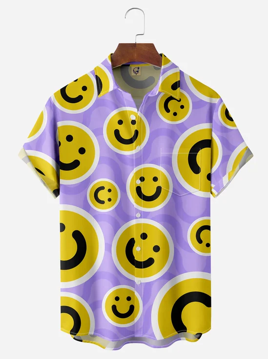 Smiling Face Chest Pocket Short Sleeve Casual Shirt