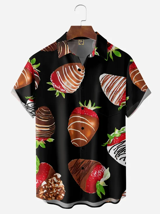Chocolate Strawberry Chest Pocket Short Sleeve Hawaiian Shirt