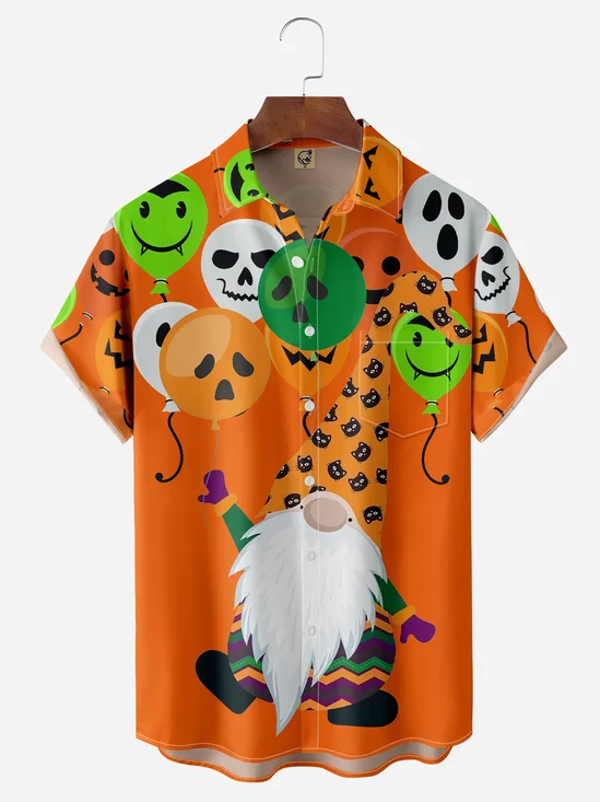 Halloween Gnome Balloon Chest Pocket Short Sleeve Casual Shirt