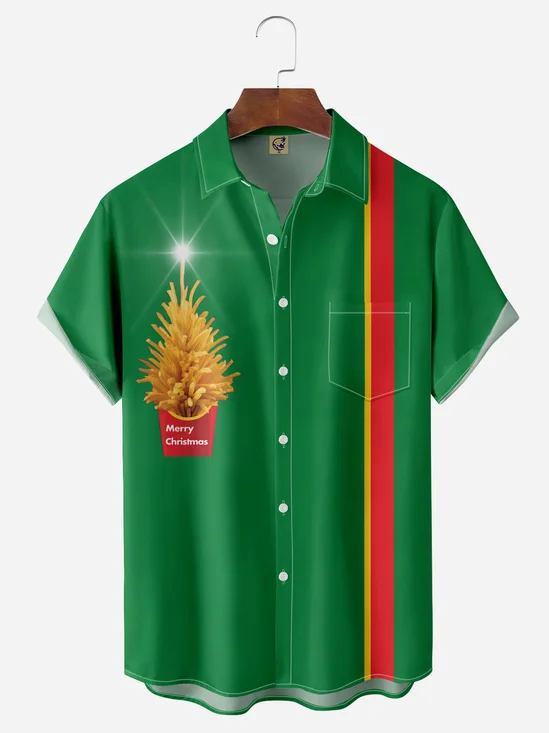 Chips Christmas Tree Chest Pocket Short Sleeve Bowling Shirt