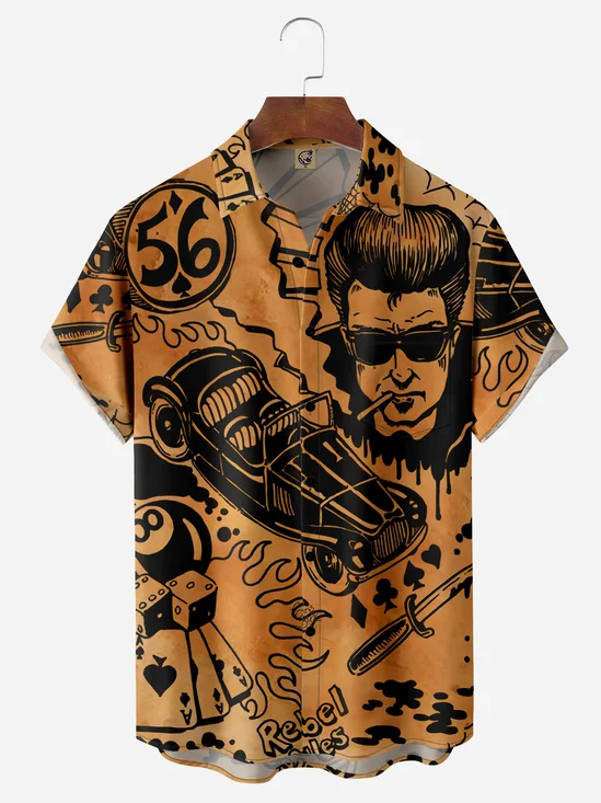 Vintage Car Playing Cards Chest Pocket Short Sleeve Casual Shirt