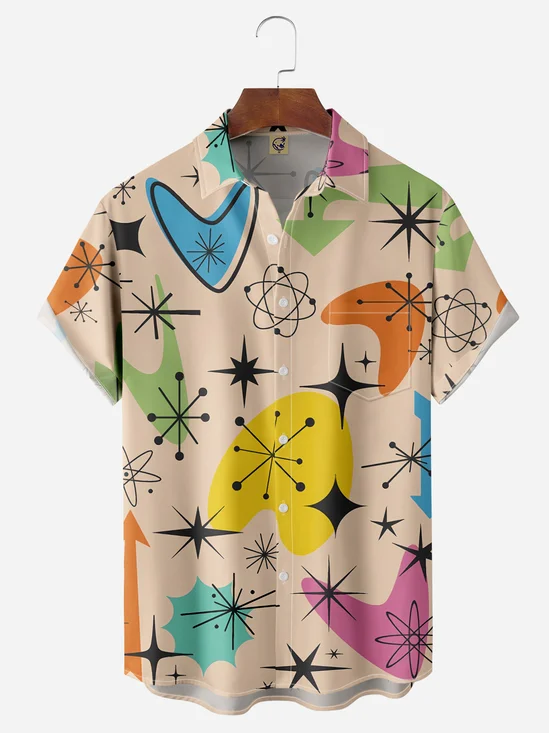 Mid Century Geometric Chest Pocket Short Sleeve Casual Shirt