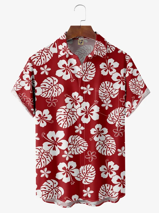 Leaf Floral Chest Pocket Short Sleeve Hawaiian Shirt