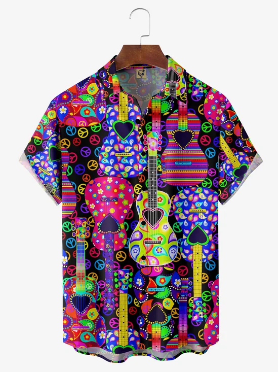 Hippie Music Guitar Chest Pocket Short Sleeve Casual Shirt