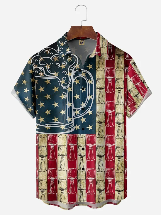 Patriotic Beer Bottle USA flag Chest Pocket Short Sleeve Casual Shirt