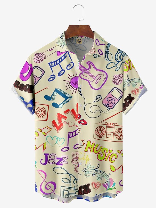 Music Guitar Chest Pocket Short Sleeve Casual Shirt
