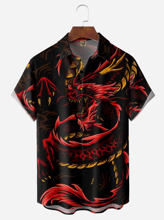 Ukiyoe Dragon Chest Pocket Short Sleeve Casual Shirt