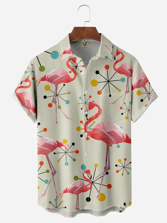 Geometric Flamingo Chest Pocket Short Sleeve Hawaiian Shirt