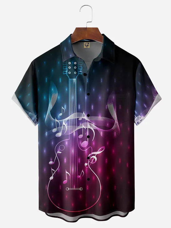 Music Guitar Chest Pocket Short Sleeve Casual Shirt