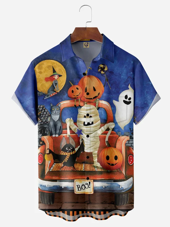 Halloween Cat Pumpkin Car Chest Pocket Short Sleeve Shirt