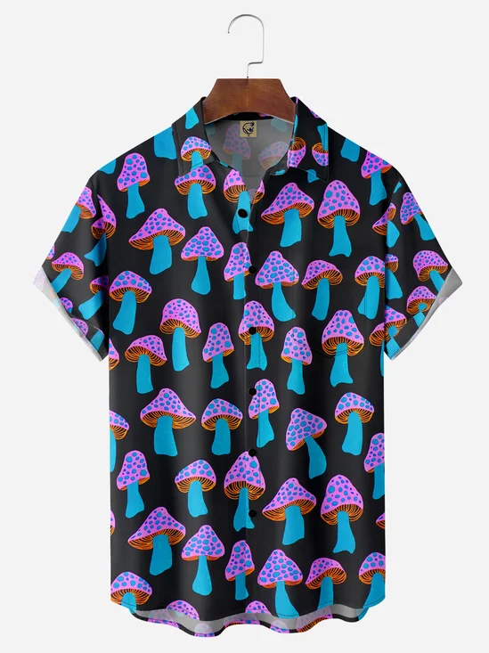 Hippie Mushroom Chest Pocket Short Sleeve Casual Shirt