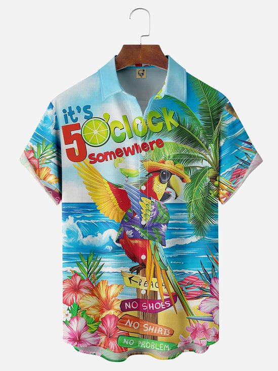 Hardaddy Party Shirts It's 5 O'Clock Somewhere Parrot Chest Pocket Short Sleeve Hawaiian Shirt