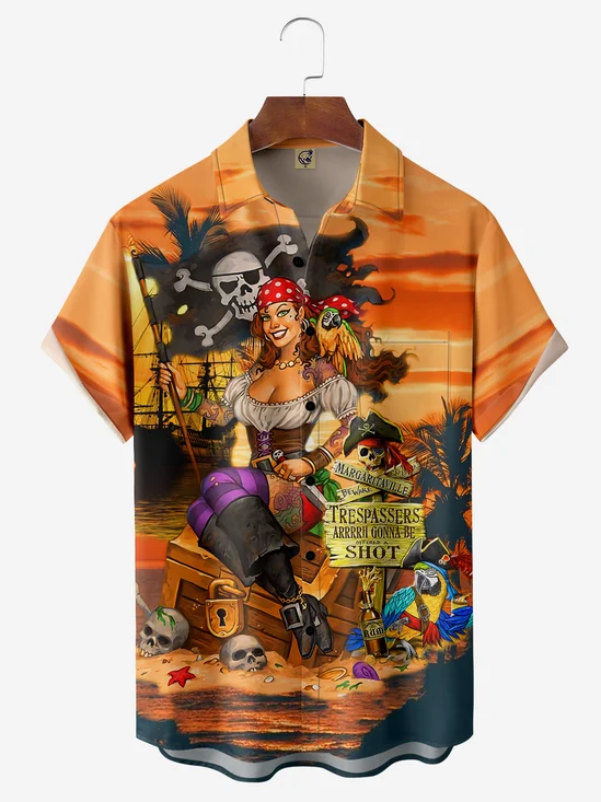 Sunset Pirate Parrot Chest Pocket Short Sleeve Hawaiian Shirt