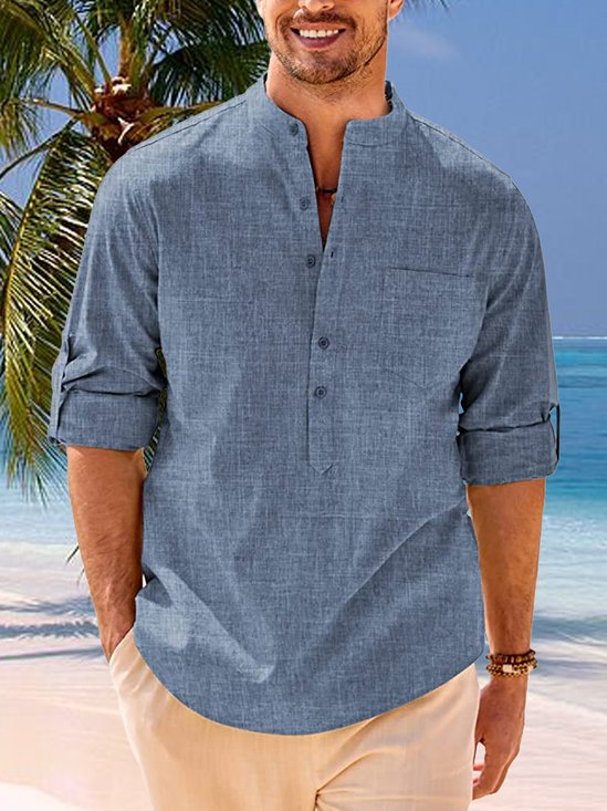 Hardaddy Plain Long Sleeve Chest Pocket Casual Henley Shirt