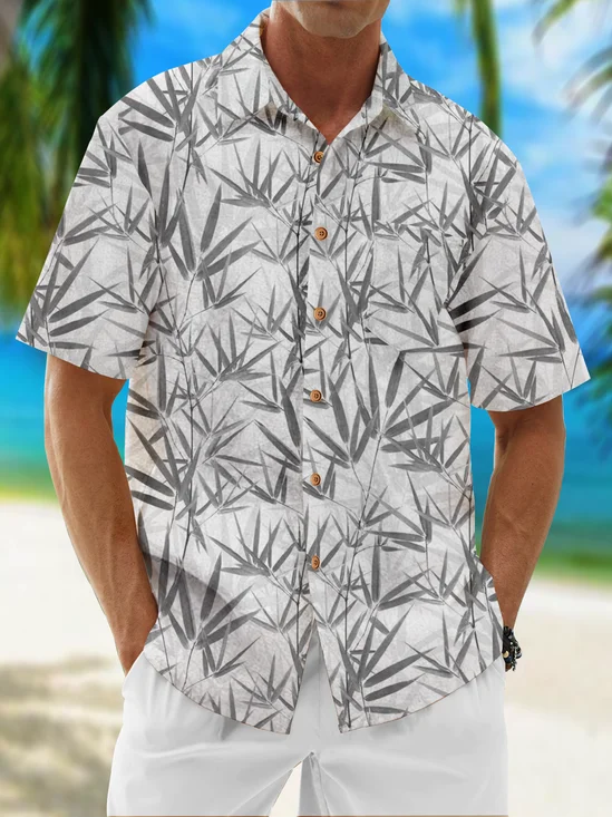Bamboo Print Chest Pocket Short Sleeve Casual Shirt