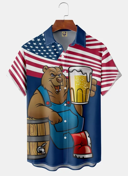 Bear Beer Festival Chest Pocket Short Sleeve Casual Shirt