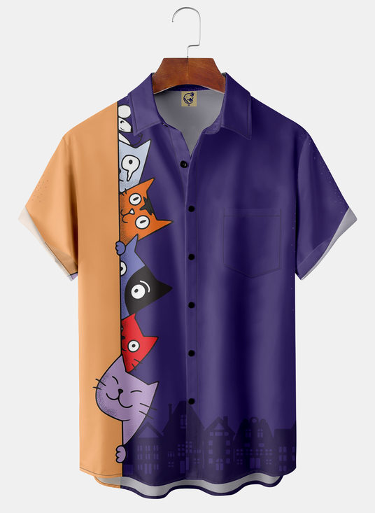 Cartoon Cat Chest Pocket Short Sleeve Casual Shirt