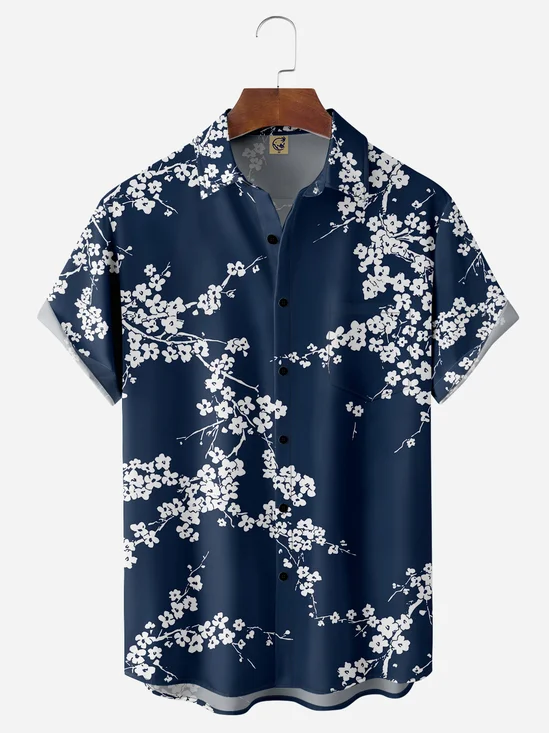 Floral Cherry Blossom Chest Pocket Short Sleeve Casual Shirt