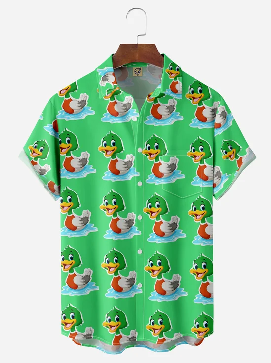 Cartoon Ducks Chest Pocket Short Sleeve Hawaiian Shirt