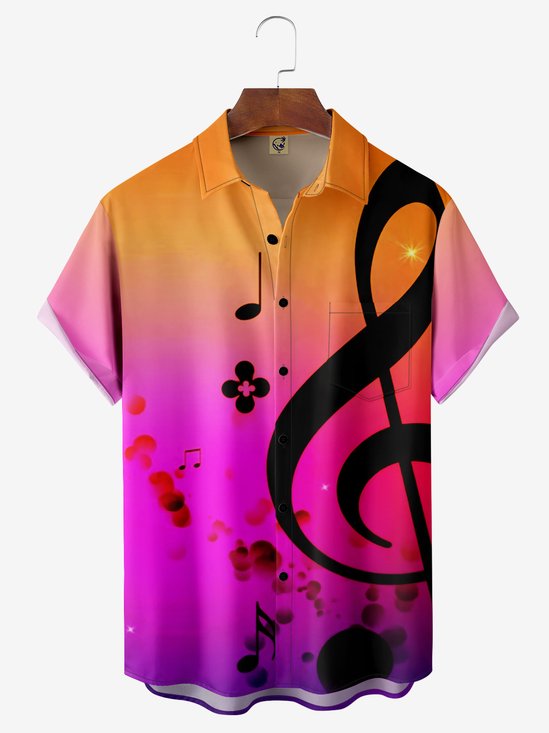 Music Note Chest Pocket Short Sleeve Hawaiian Shirt