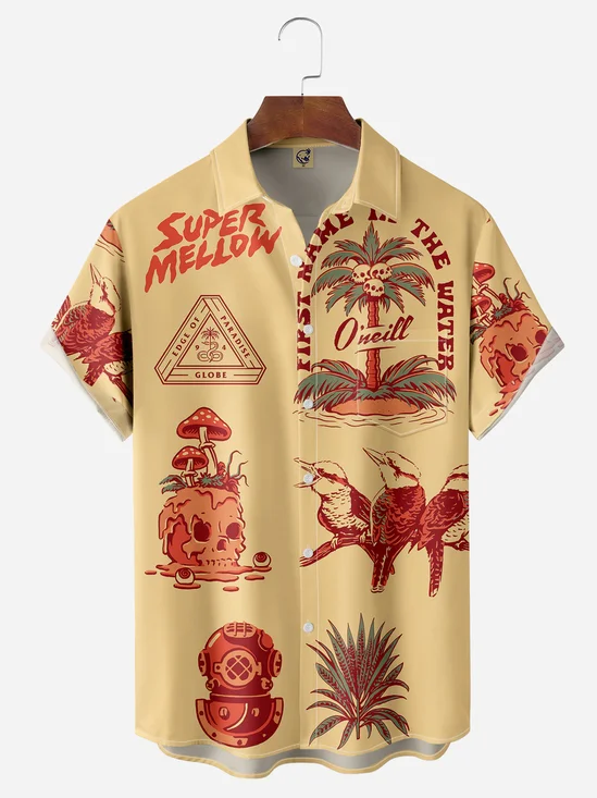 Hawaiian Sticker Chest Pocket Short Sleeve Casual Shirt