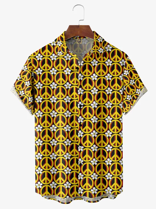 Hippie Peace Love Chest Pocket Short Sleeve Casual Shirt