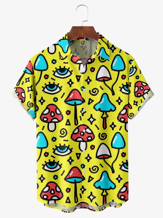 Hippie Mushroom Chest Pocket Short Sleeve Casual Shirt