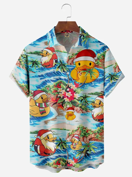 Santa Rubber Duckie Chest Pocket Short Sleeve Hawaiian Shirt