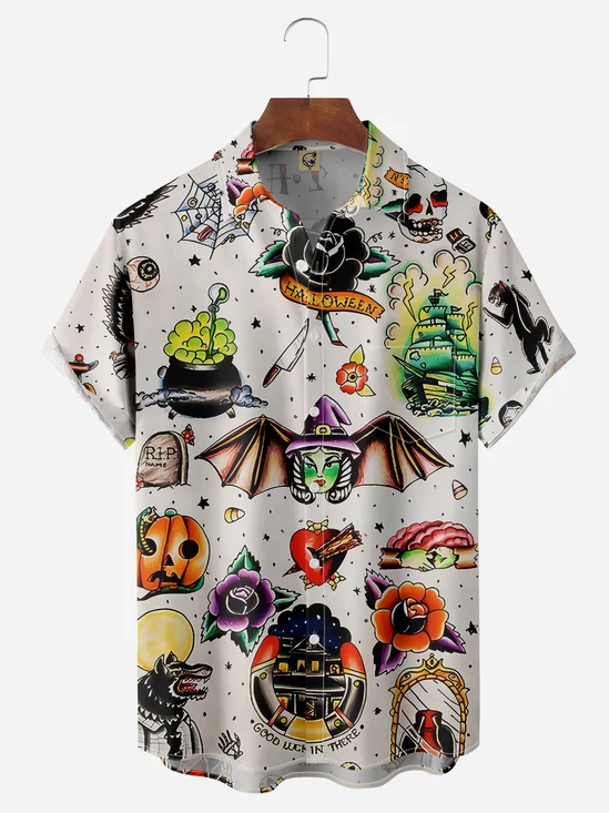 Halloween Tattoo Sticker Chest Pocket Short Sleeve Casual Shirt