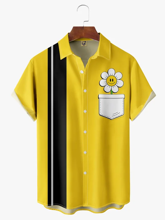 Smiling Flower Chest Pocket Short Sleeve Bowling Shirt