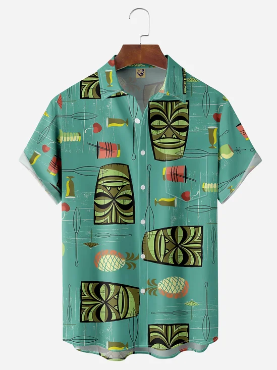 Mid Century Tiki Chest Pocket Short Sleeve Vacation Shirt