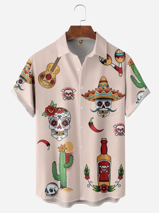 Skeleton Cactus Guitar Chest Pocket Short Sleeve Casual Shirt
