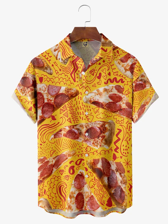 Pizza Chest Pocket Short Sleeve Casual Shirt