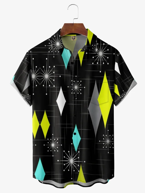 Mid-century Geometric Diamond Chest Pocket Short Sleeve Casual Shirt