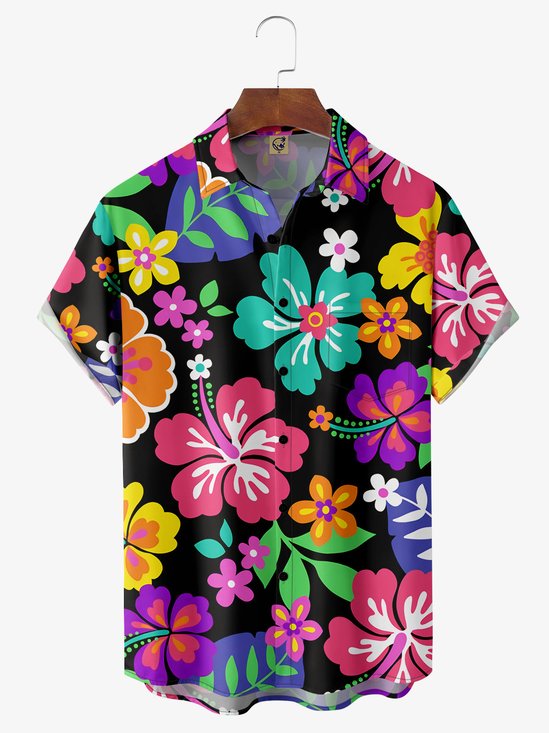 Floral Chest Pocket Short Sleeve Hawaiian Shirt