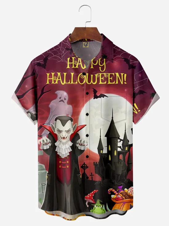 Halloween Vampire Chest Pocket Short Sleeve Casual Shirt
