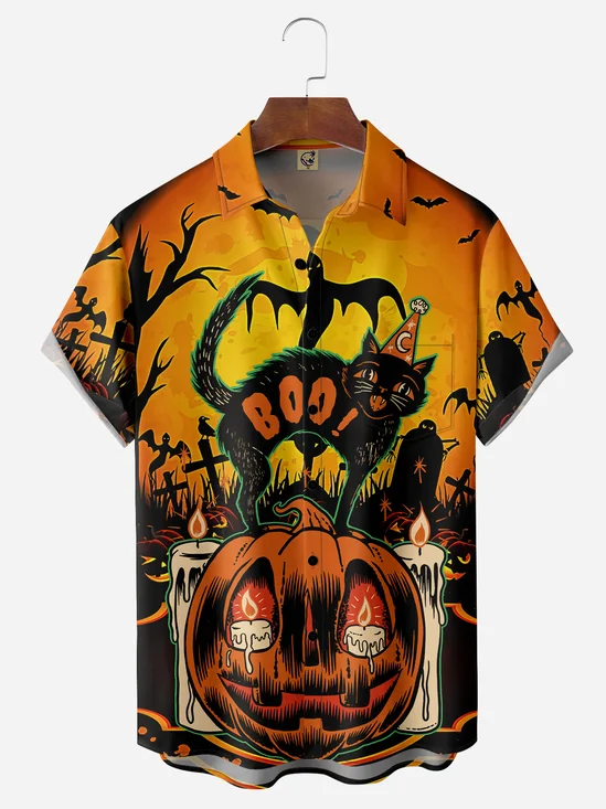 Halloween Cat Pumpkin Chest Pocket Short Sleeve Shirt