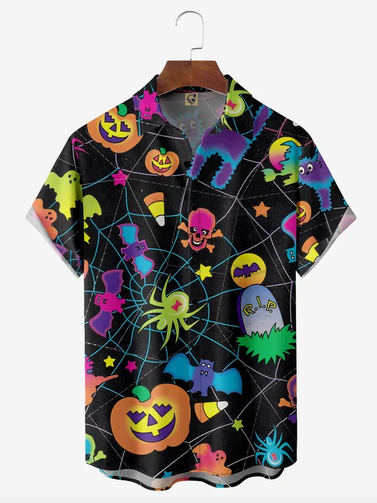 Halloween Spider Web Chest Pocket Short Sleeve Casual Shirt
