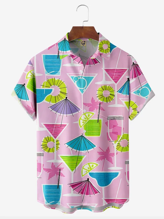 Cocktail Coconut Tree Chest Pocket Short Sleeve Casual Shirt
