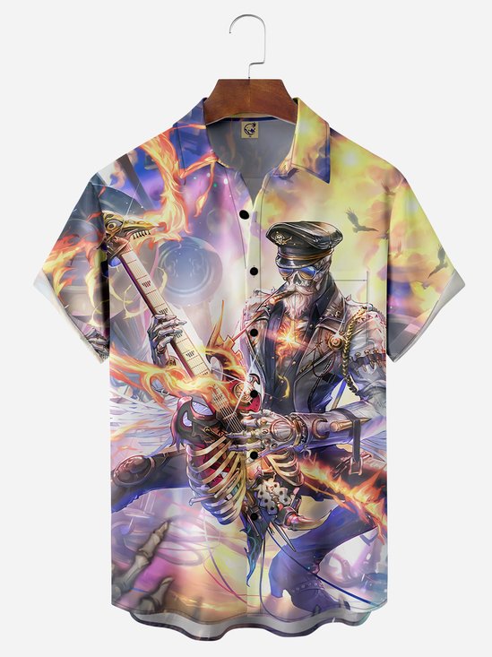 Music Rock Skull Chest Pocket Short Sleeves Casual Shirt