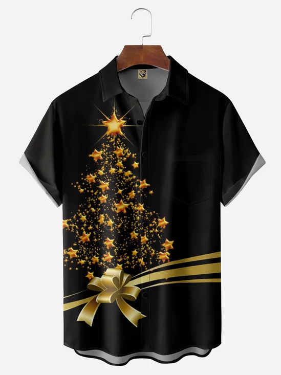 Christmas Star Tree Chest Pocket Short Sleeve Casual Shirt