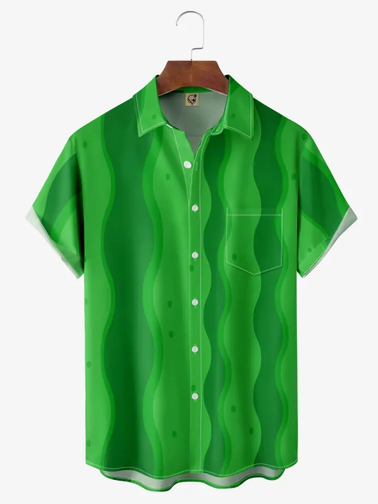 Watermelon Striped Chest Pocket Short Sleeve Bowling Shirt