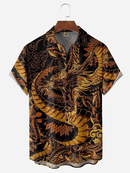 Japanese Dragon Chest Pocket Short Sleeve Casual Shirt